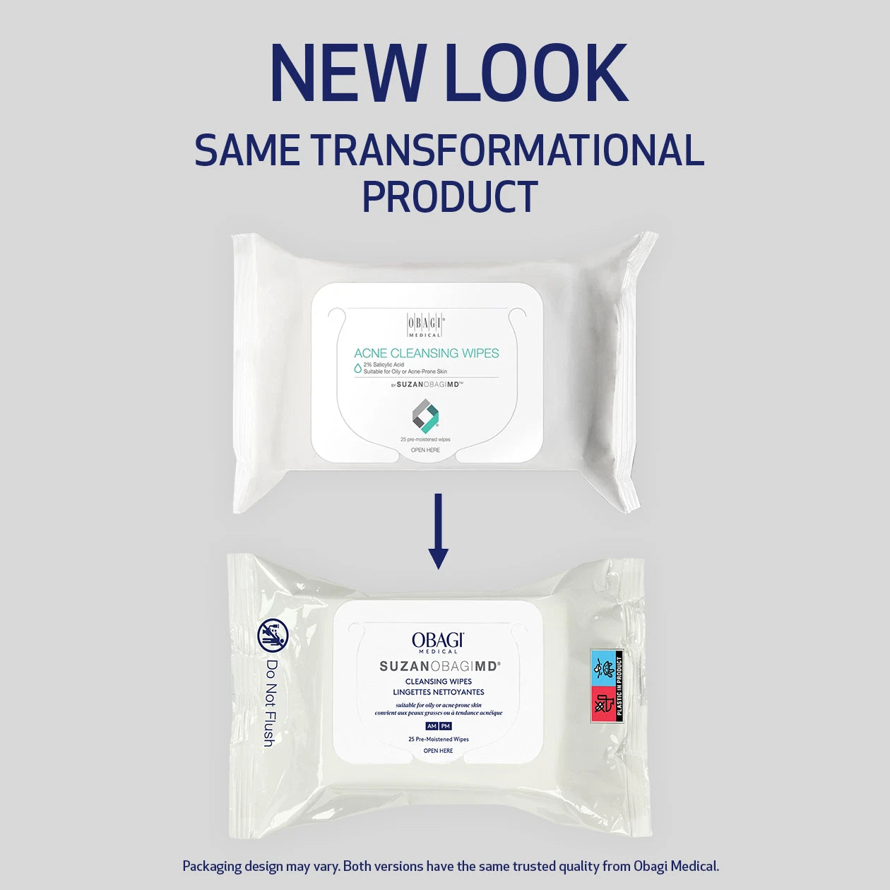 Two packages of SUZANOBAGIMD Cleansing Wipes - suitable for oily or acne prone skin types - on a gray background with text indicating a new look