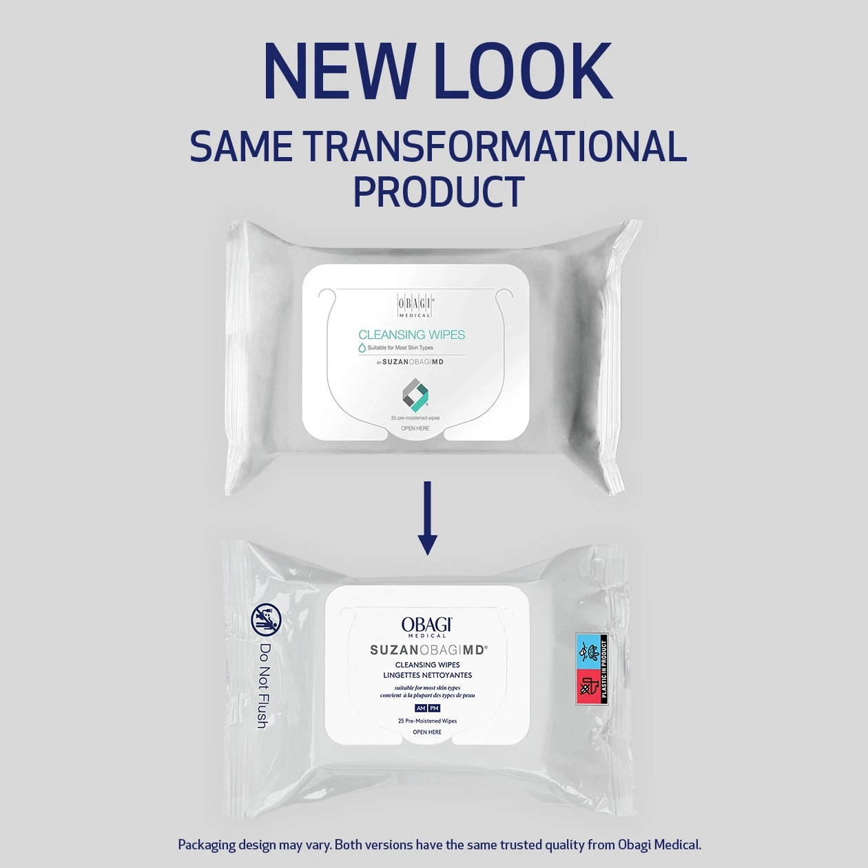 Two packages of SUZANOBAGIMD Cleansing Wipes - suitable for most skin types - with text indicating a new look but same transformational product