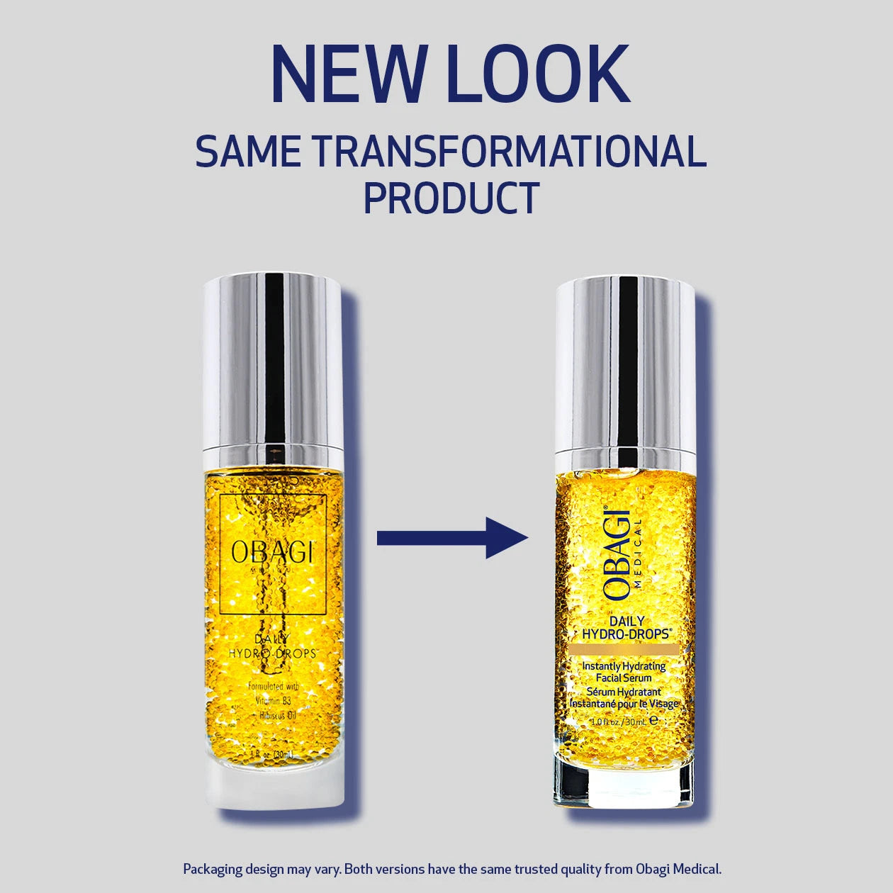 Daily Hydro-Drops Facial Serum packaging transition before and after. New look, same transformational product