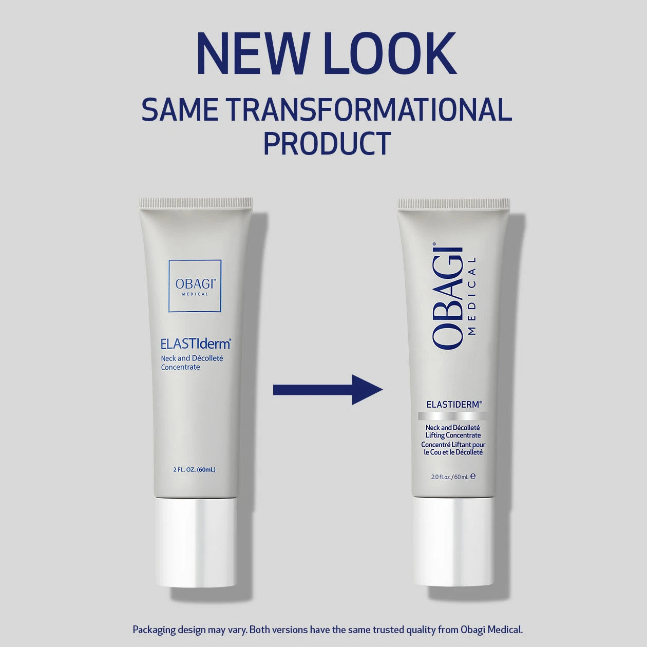 Obagi ELASTIDERM Neck and Decollete Lifting Concentrate packaging transition. New look, same transformational product