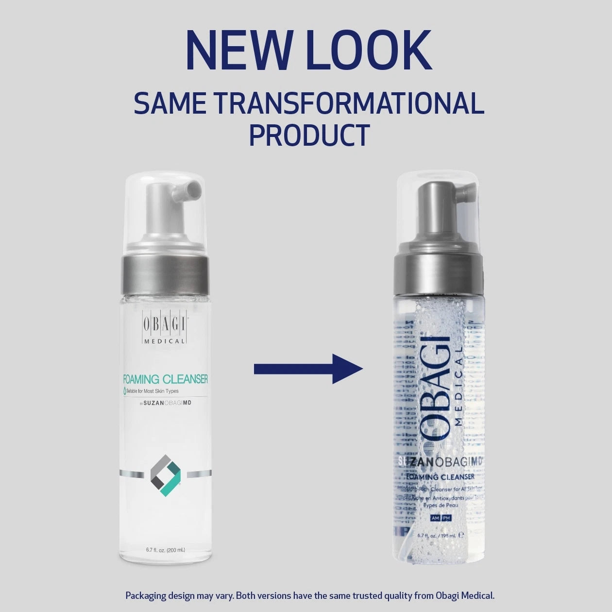 New look, same transformational product. SUZANOBAGIMD Foaming Cleanser bottle before and after new packaging image