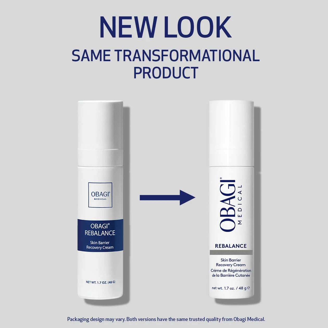 Obagi Rebalance Skin Barrier Recovery Cream before and after packaging image. new look, same transformational product