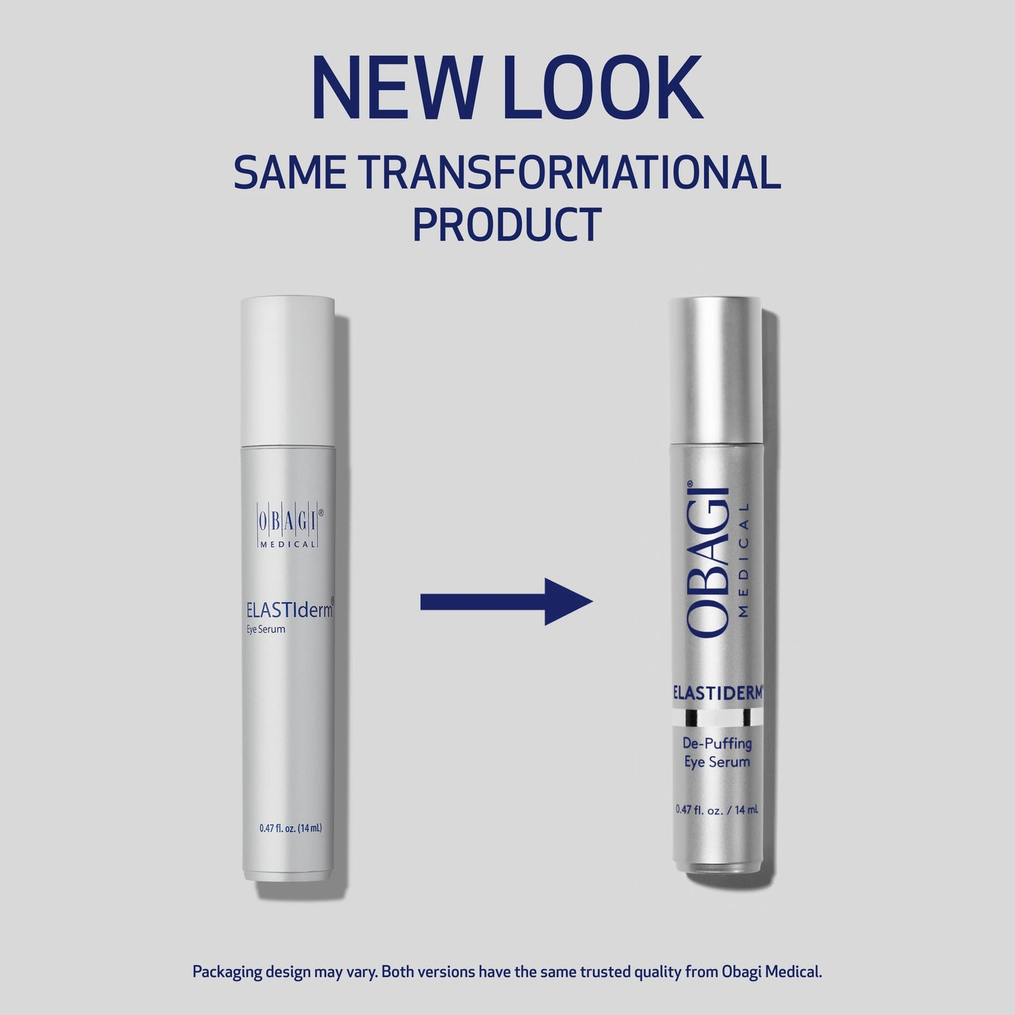 ELASTIDERM DE-PUFFING EYE SERUM BOTTLE PACKAGING BEFORE AND AFTER IMAGE. NEW LOOK, SAME TRANSFORMATIONAL PRODUCT.
