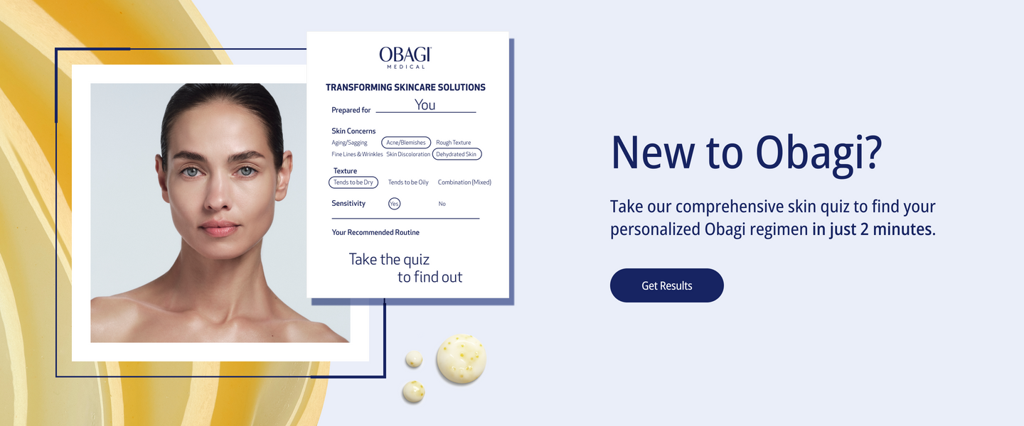 image of woman next to a prescription style notepad with skin concerns circled and an offer to take a skin quiz to find your skincare routine